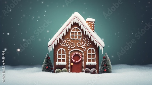  a gingerbread house with icing on the roof and trees in the snow on a green background with snowflakes.