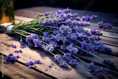 Lavender buds on board. Natural herb. Generate Ai photo
