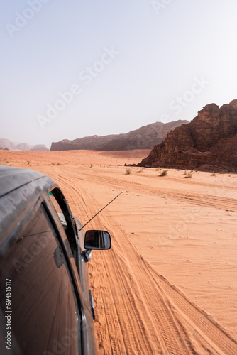 Pov car 4x4 driving in Dune and Rock in Wadi Rum desert, Jordan