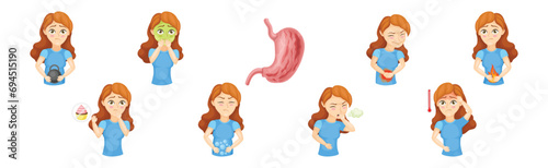 Gastritis Symptoms with Woman Character Suffer from Digestive System Disease Vector Set