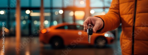 Man holding car keys before orange car