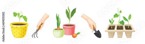 Garden and Horticulture with Hand and Pot with Plant Vector Set