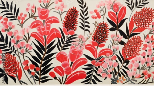  a painting of a bunch of flowers on a white background with red and black leaves and flowers on a white background.