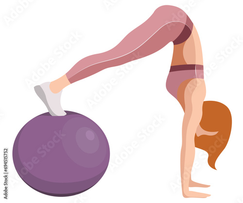 vector illustration of a beautiful slim girl in sportswear (leggings and a sports bra) doing fitness, sports, working out, doing exercises with a fitness ball isolated on a white background.
