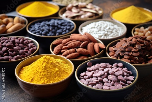Various Superfoods in Colorful Bowls with Turmeric Background. Healthy Antioxidant Foods with Powder of Cocoa and Beans