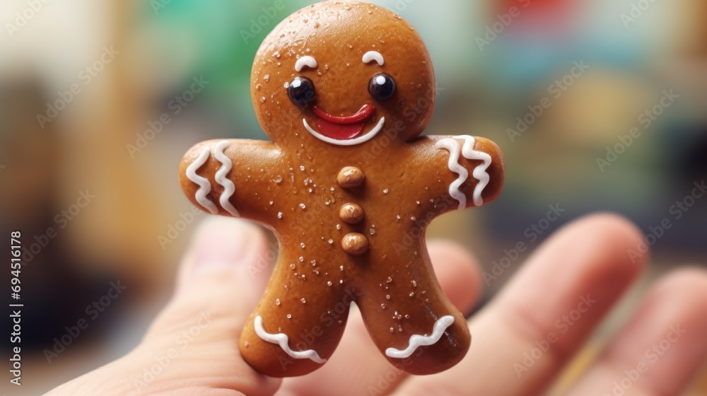  a close up of a person's hand holding a small gingerbread man with a smile on his face.