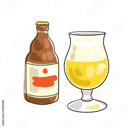 Bottle and wine glass of belgian beer. Picture in line style. Black contour with colored spots. Isolated on white background. Vector flat illustration.