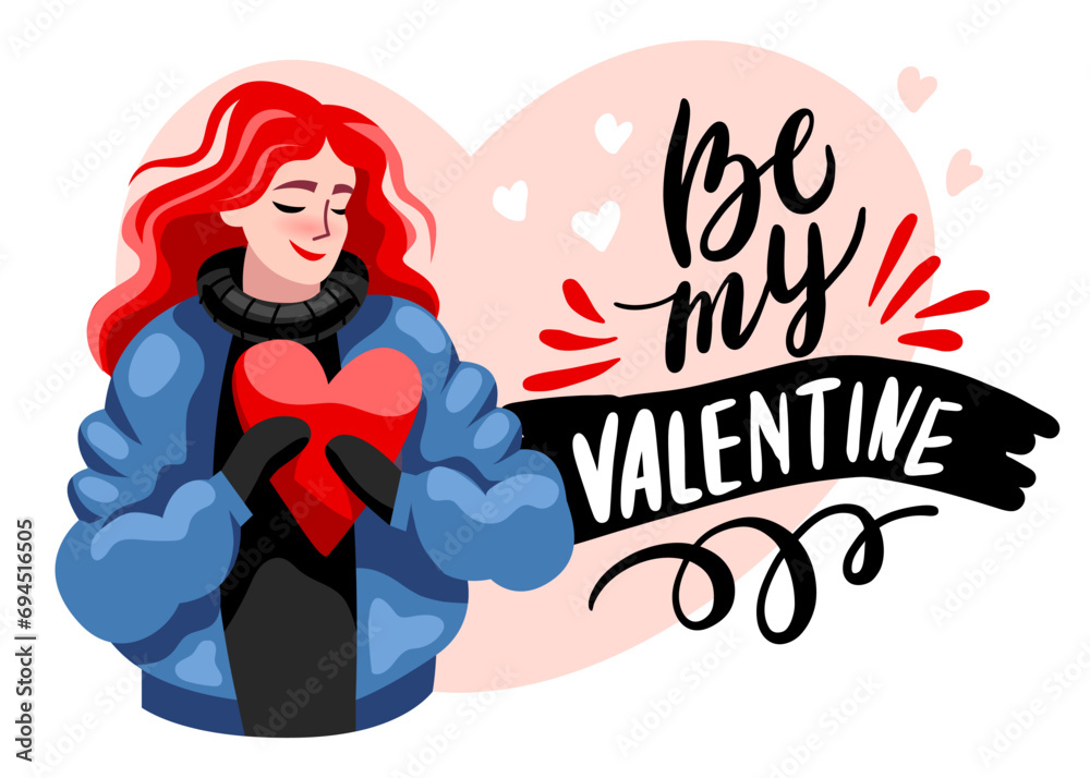 A beautiful girl holds a red heart in her hands. A red-haired woman in a jacket wishes happy Valentine's Day. Vector, Cartoon, Flat