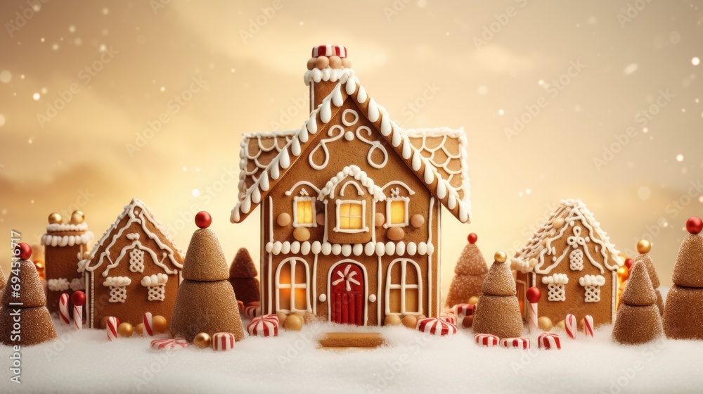 a christmas scene of a gingerbread house with candy canes and candy canes in the foreground and candy canes in the foreground. a christmas scene of a gingerbread house with candy canes and candy canes in the foreground and candy canes in the foreground.