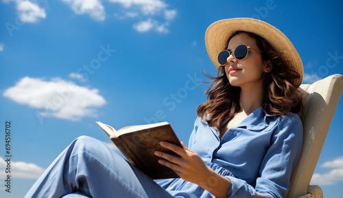 beautiful young woman in sunglasses and hat reading book on beach chair