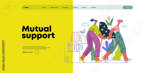 Mutual Support: Assistance with Moving -modern flat vector concept illustration of women collaboratively moving household items A metaphor of voluntary, collaborative exchanges of resource, services
