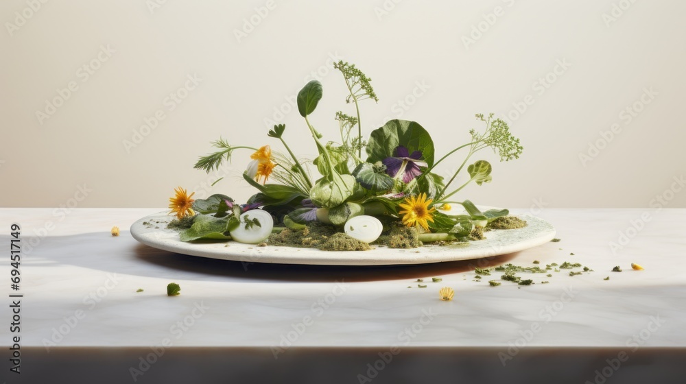  a plate with a bunch of flowers sitting on top of a white tablecloth on a white table with a white wall in the background.