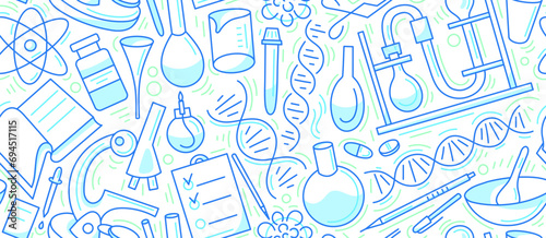 Chemistry, biology, dna art line seamless pattern