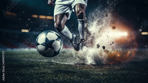 Close-up of a soccer striker ready to kicks the ball in the football goal. Soccer scene at night match with player kicking the ball with power photo