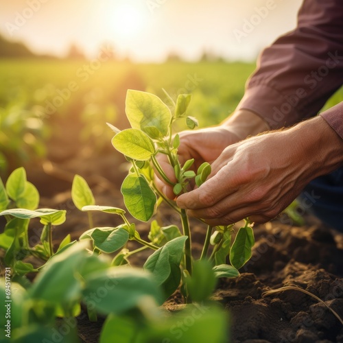Farmer hand touches green leaves of young wheat in the field, the concept of natural farming, agriculture, the worker touches the crop and checks the sprouts, protect the ecology of the cultivated