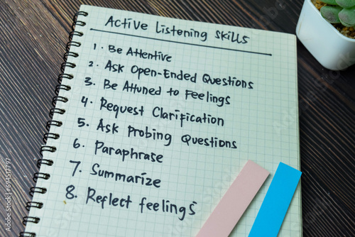 Concept of Active Listening Skills write on book with keywords isolated on Wooden Table. photo