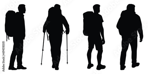 Male and female hiker or Hiking in mountains silhouettes vector