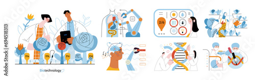 Bio Technology -modern flat vector concept illustration of improving aspects of healthcare, agriculture, environmental sustainability, industrial processes. Metaphor of bridging Science and Nature