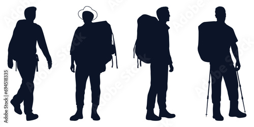 Male and female hiker or Hiking in mountains silhouettes vector