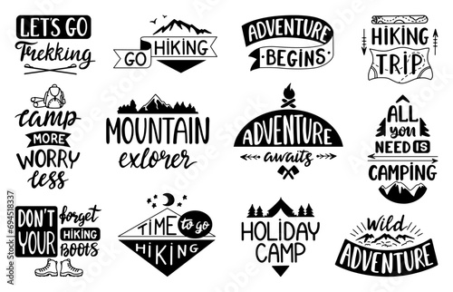 Adventure quote lettering. Black ribbons and badges with travel slogans. Camping and hiking badges or t-shirt prints, neoteric vector set photo