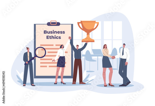 Corporate ethics in office. Happy business partners or managers handshake. Successful teamwork, company laws and standards kicky vector scene