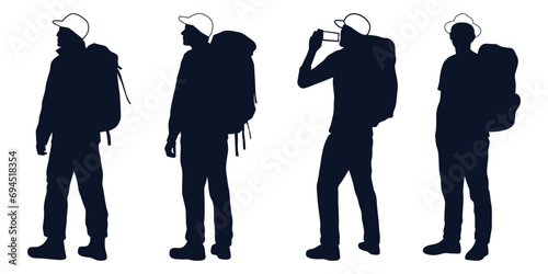 Male and female hiker or Hiking in mountains silhouettes vector