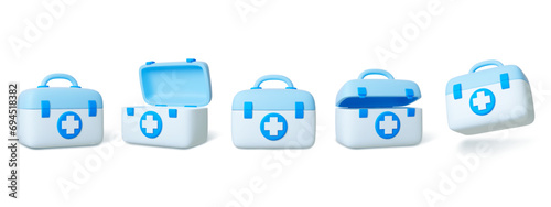 First aid chest 3d. Realistic medicine plastic kit box different rotate. Emergency pack, hospital or ambulance safety bag. Isolated medical pithy vector element