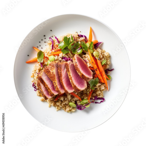 A Plate of Moroccan Spiced Ahi Tuna with Cous Cous Isolated on a Transparent Background  © JJAVA
