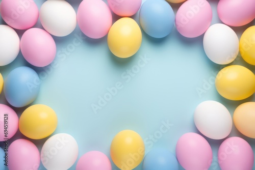 Border Pastel color Easter eggs on light blue background  top view  copy space for text