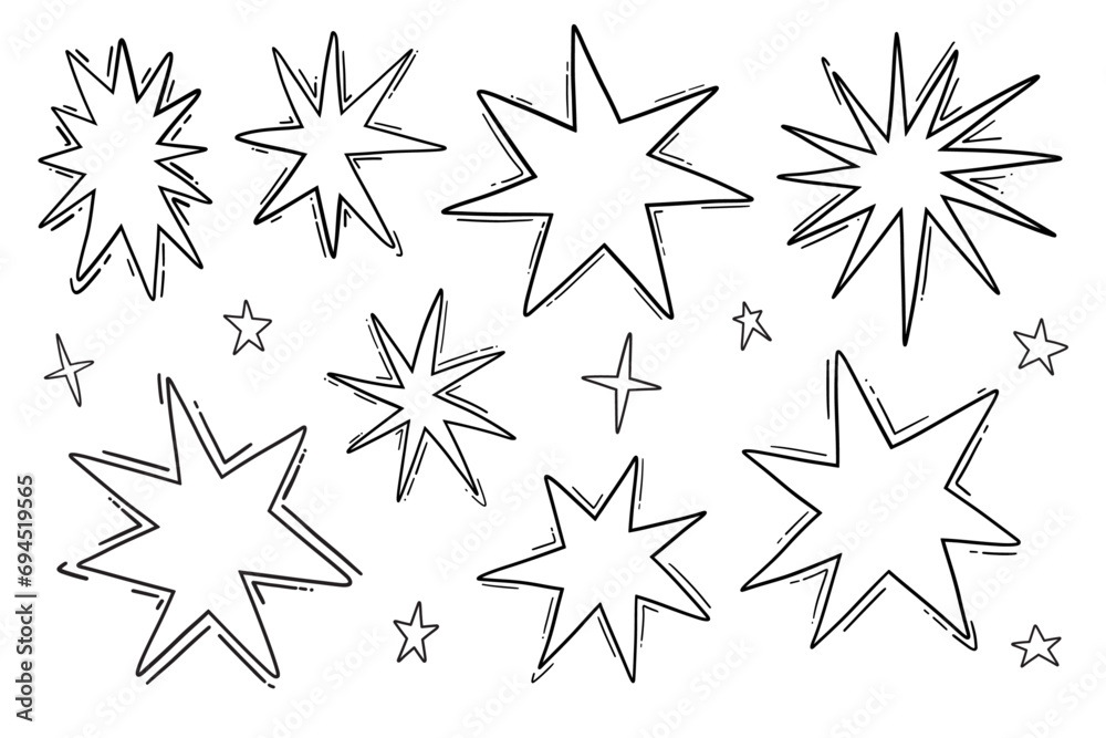 Hand drawn starburst shapes. Abstract doodle stars exploding and bursting. Set of cartoon star shape, vector graphic elements. Hand drawn starburst shapes. Abstract doodle stars exploding and bursting. Set of cartoon star shape, vector graphic elements.