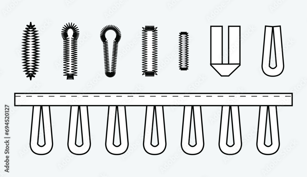 Buttonhole flat sketch vector illustration set, different types of buttonholes for stretch fabric, thick and  thin fabric, button holes for  pocket, denim, shirt, dresses, garments and  Clothing - obrazy, fototapety, plakaty 