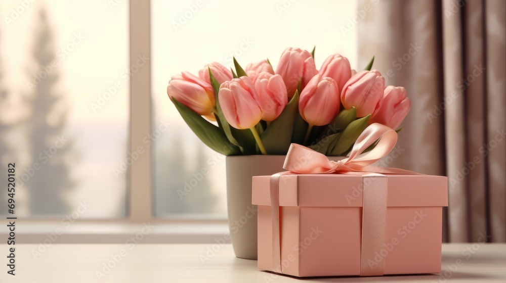 Pink tulips with present on a light background - obrazy, fototapety, plakaty 