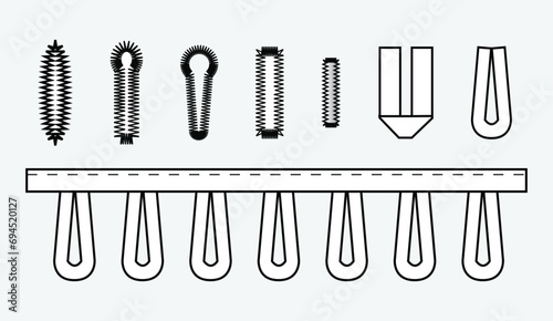 Buttonhole flat sketch vector illustration set, different types of buttonholes for stretch fabric, thick and  thin fabric, button holes for  pocket, denim, shirt, dresses, garments and  Clothing photo