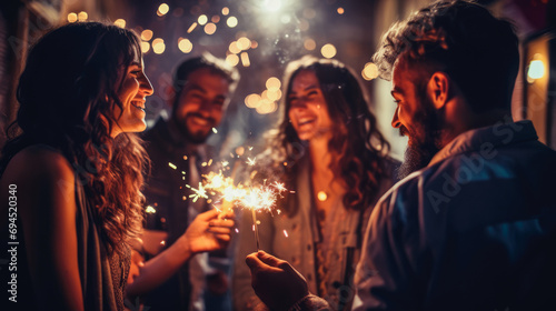 A cheerful group of friends enjoy new year party at nightclub People are drinking, dancing and having a good time at the party comeliness.