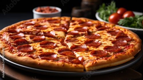  a pepperoni pizza sitting on top of a pan next to a plate of salad and a bowl of tomatoes.