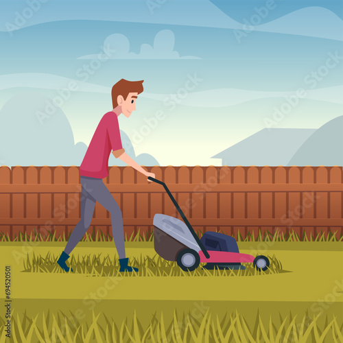 Cutting grass. Man working lawn mower cartoon background