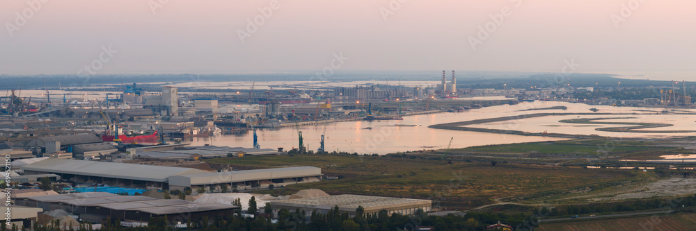 Aerial shot of industrial and port area of Ravenna,production district is made up of a chemical and petrochemical pole, thermoelectric and metallurgical plants.
