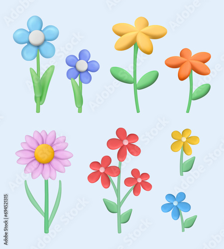 Clay flowers. Plasticine stylized botanical illustrations buds of flowers decent vector realistic pictures