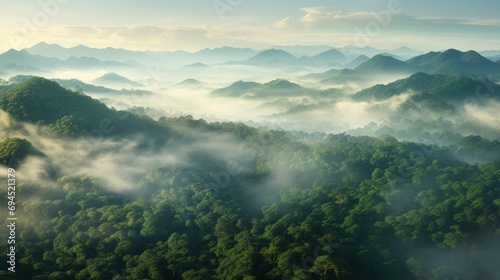  an aerial view of a mountain range covered in fog and low lying clouds in the foreground, with trees in the foreground, and low lying clouds in the foreground. © Anna