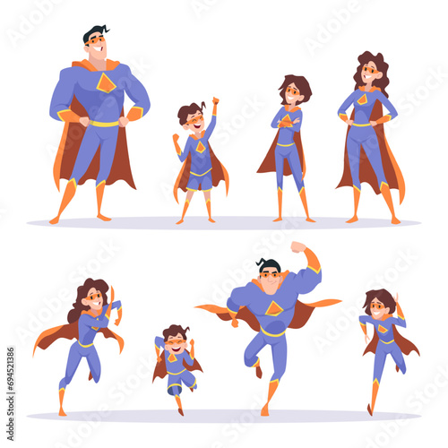 Superheroes family. Cartoon mother father and kids in superhero protected costumes save world exact vector set
