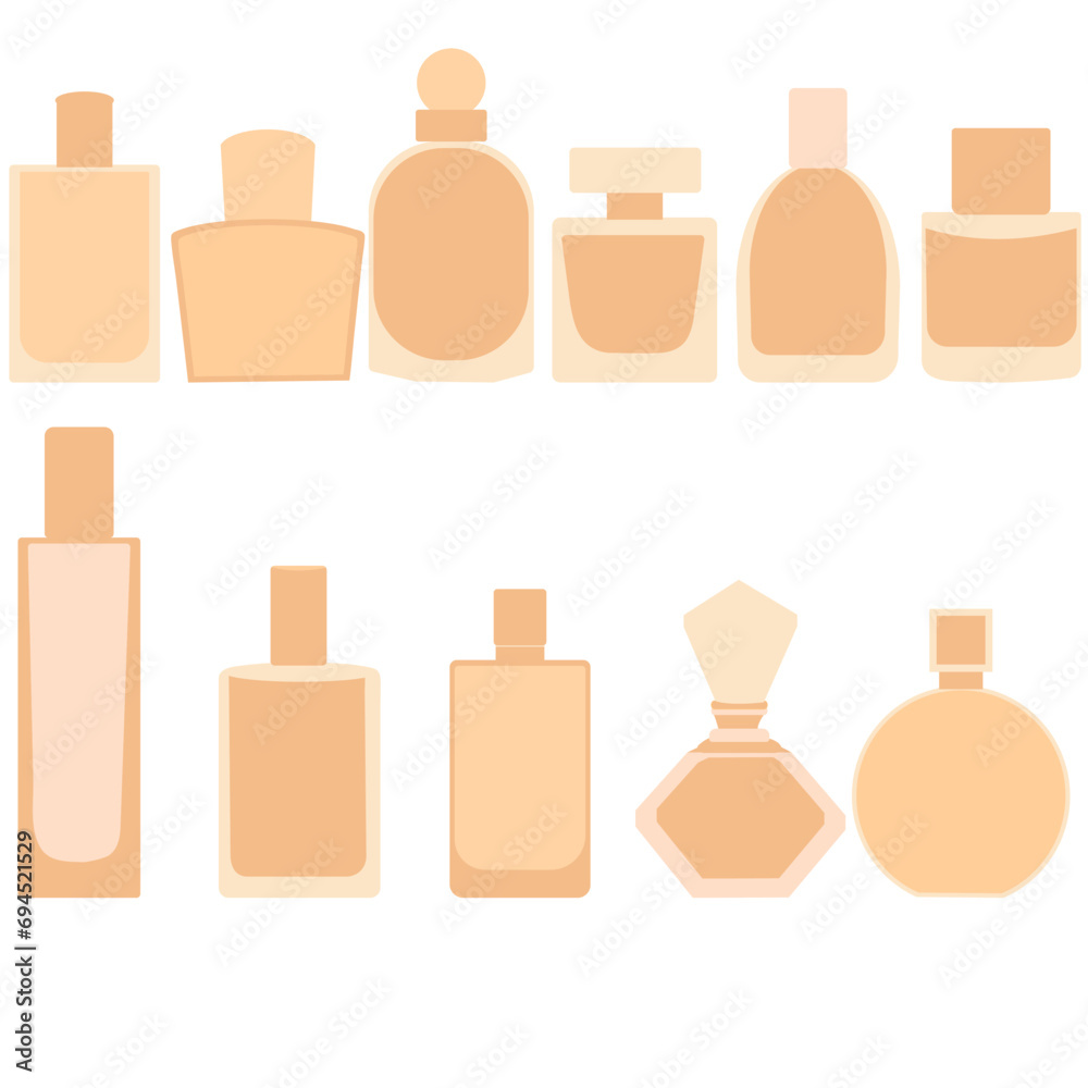 Clear perfume bottles set. Hand drawn vector illustration, isolated on white background Clear perfume bottles set. Hand drawn vector illustration, isolated on white background
