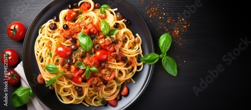 Italian pasta dish with tomatoes, olives, capers, anchovies, and basil, viewed from the top. photo