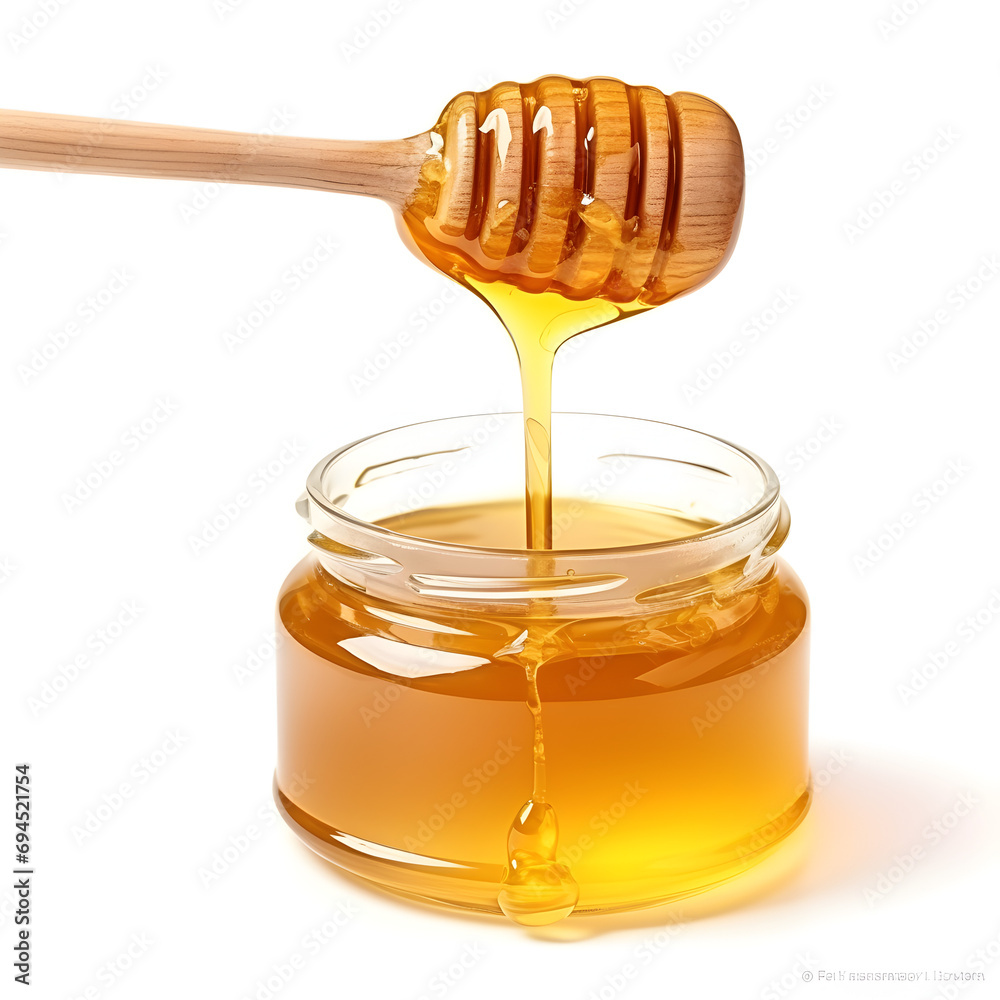 A honey dipper dripping honey into a jar of honey isolated on a white background A honey dipper dripping honey into a jar of honey isolated on a white background