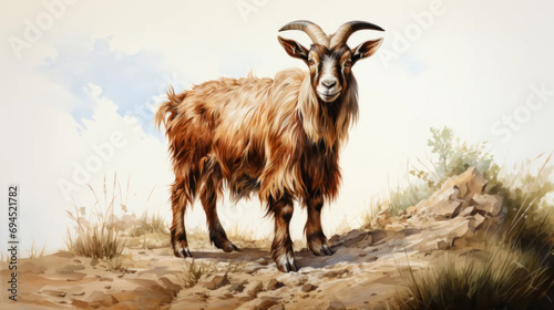 Watercolor illustration of a goat on a light background. Farm animal life