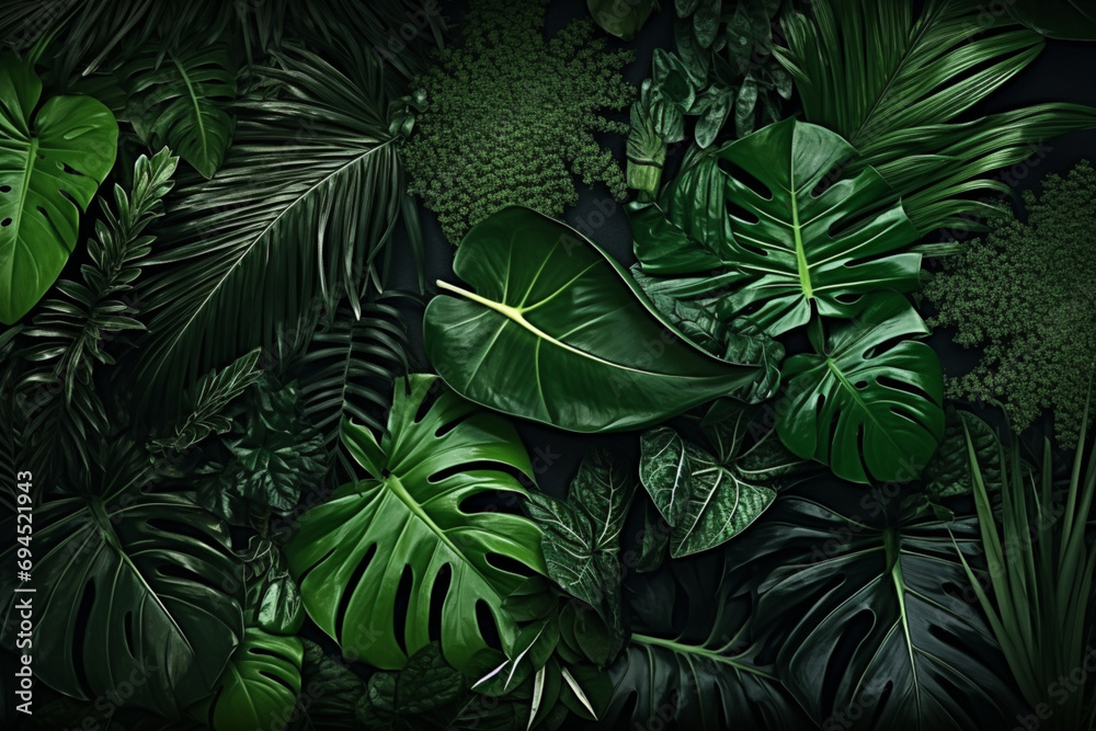 Fototapeta premium 抽象的な緑の葉のテクスチャ、自然の背景、熱帯の葉,Abstract green leaves texture, nature background, tropical leaves,Generative AI