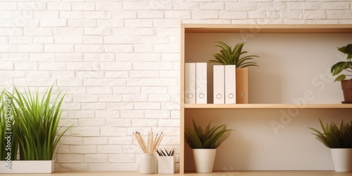 Office space with plants and folders against white brick wall, blurred background. photo