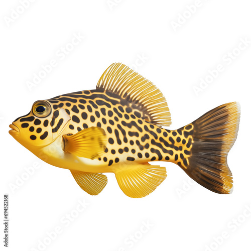 Multicolored aquarium fish on a transparent background, side view. The Boxfish, yellow saltwater aquarium fish, isolated on a white background, a design element for insertion.