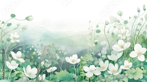 Snowdrop flowers landscape background. Beautiful snowdrops growing in snow in early spring forest illustration of nature for wallpaper, postcard, banner, backdrop, web, card, poster, cover, print.