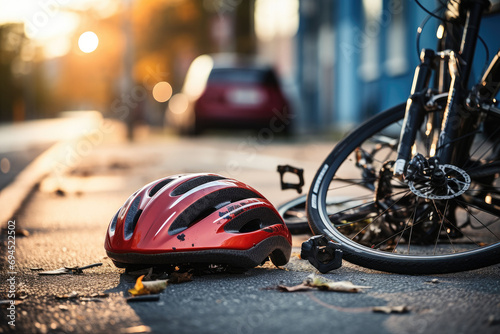 Helmet and bike lying on the road after a car hit a cyclist on a pedestrian crossing photo