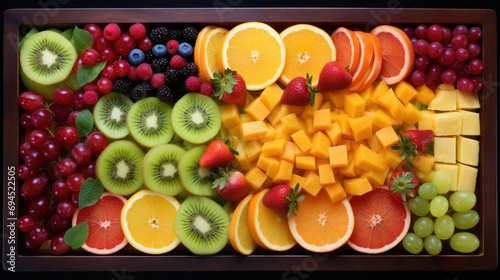  a close up of a tray of fruit with grapes  oranges  kiwis  strawberries  and grapes.